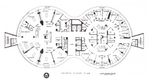 Fourth floor plan of tower, Kaiser Foundation Hospital at Panorama City, circa 1961.