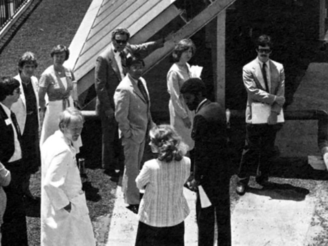 Congressman Norman Mineta (center), Santa Clara Mayor William Gissler and others dedicate Kaiser Permanente Santa Clara Medical Center's solar panel project on Solar Day, July 17, 1980.